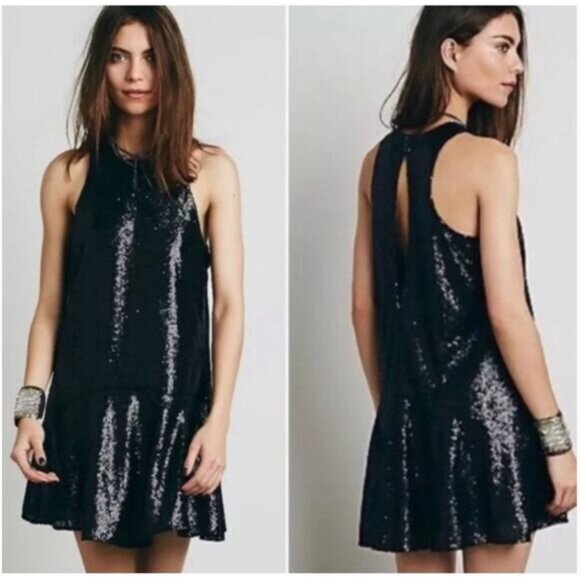 Free People Liquid Shine Black Sequined Dress Sleeveless Keyhole Back Size S - Picture 1 of 7